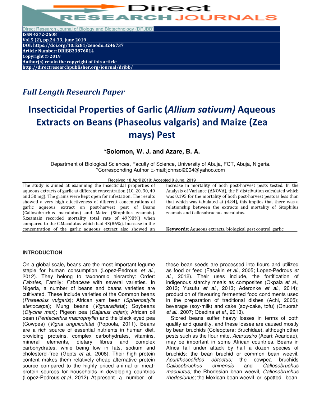 Insecticidal Properties of Garlic (Allium Sativum)