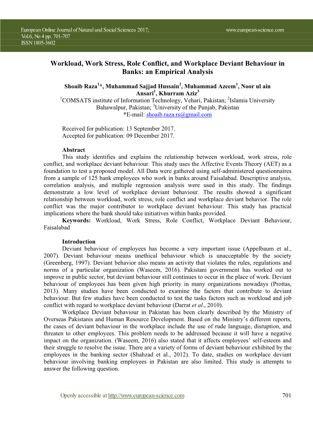 Workload, Work Stress, Role Conflict, and Workplace Deviant Behaviour in Banks: an Empirical Analysis