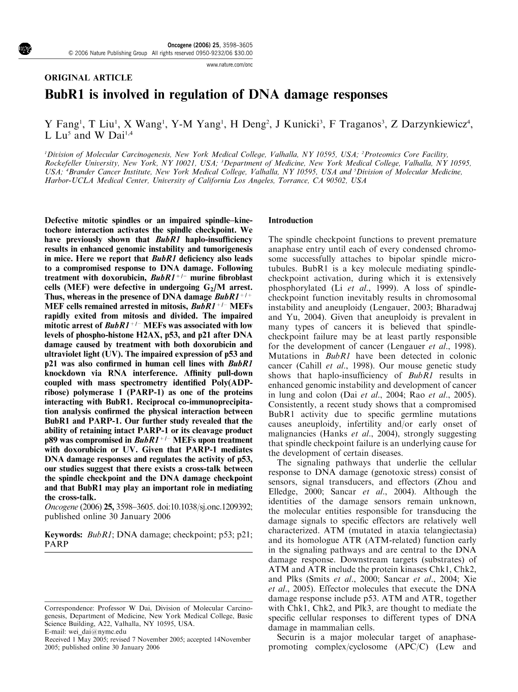 Bubr1 Is Involved in Regulation of DNA Damage Responses