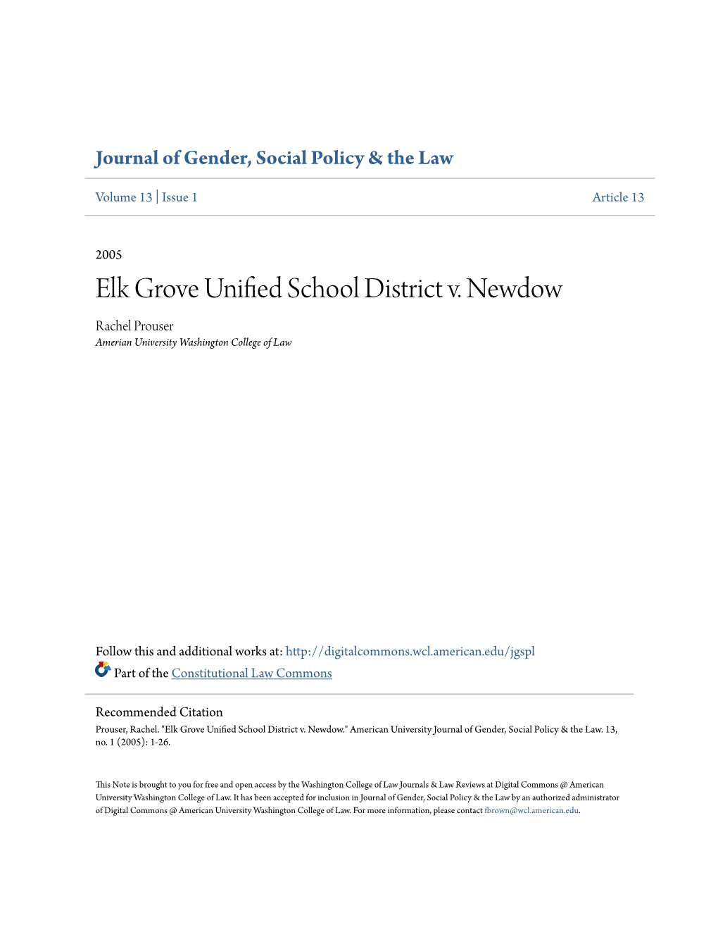 Elk Grove Unified School District V. Newdow." American University Journal of Gender, Social Policy & the Law