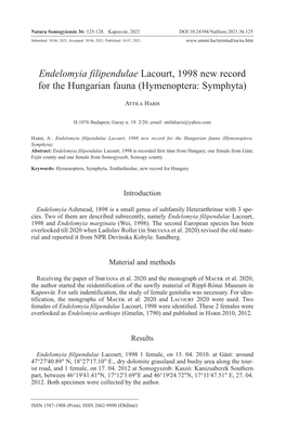 Endelomyia Filipendulae Lacourt, 1998 New Record for the Hungarian Fauna (Hymenoptera: Symphyta)