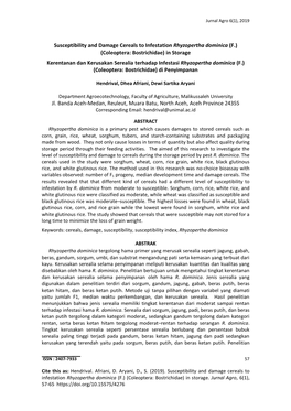 Susceptibility and Damage Cereals to Infestation Rhyzopertha Dominica (F.)(Coleoptera: Bostrichidae) in Storage Kerentanan Dan Kerusakan Serealia Terhadap Infestasi Rhyzopertha
