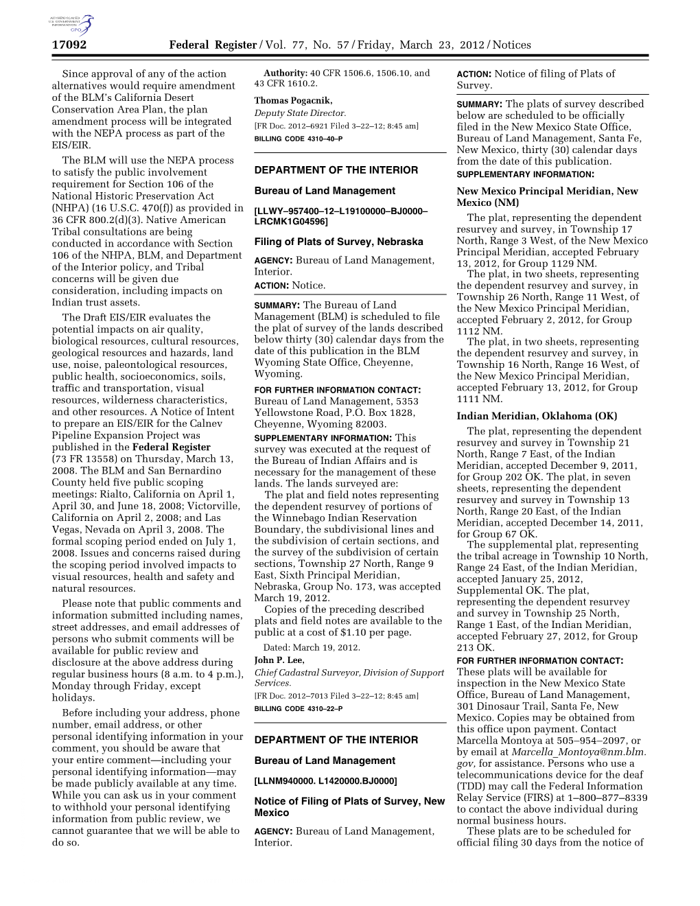 Federal Register/Vol. 77, No. 57/Friday, March 23, 2012/Notices