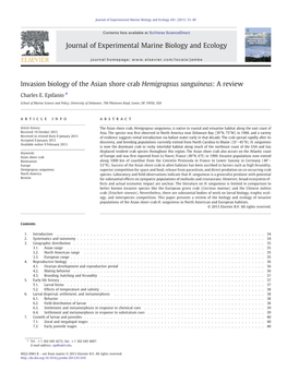 Invasion Biology of the Asian Shore Crab Hemigrapsus Sanguineus: a Review