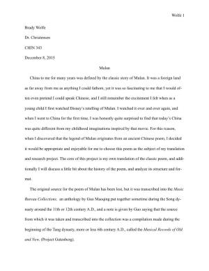 The Ballad of Mulan Report and Poem