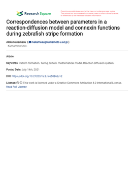 Correspondences Between Parameters in a Reaction-Diffusion Model and Connexin Functions During Zebra�Sh Stripe Formation