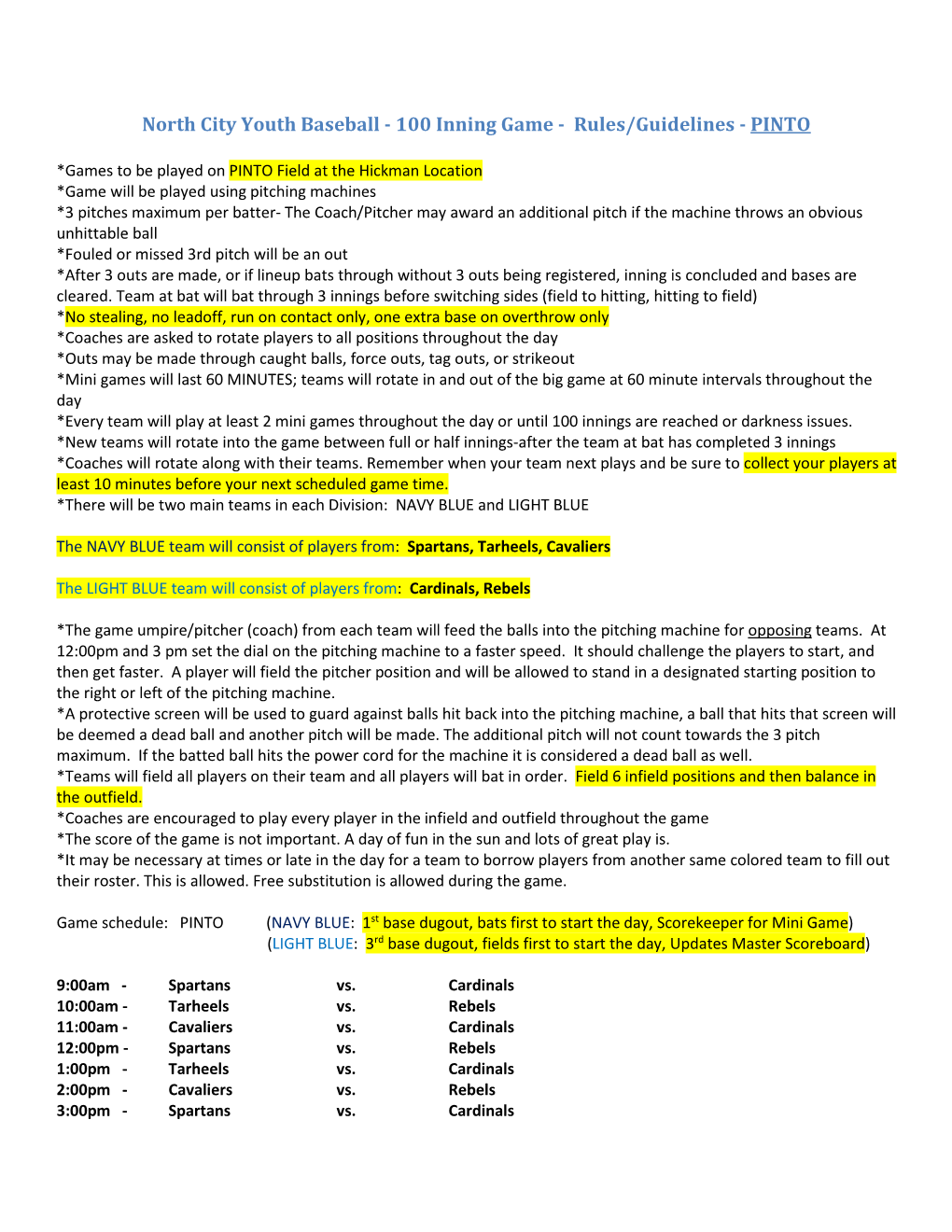 North City Youth Baseball - 100 Inning Game - Rules/Guidelines - PINTO