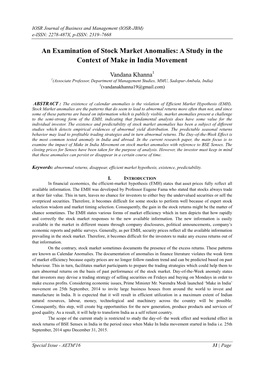 An Examination of Stock Market Anomalies: a Study in the Context of Make in India Movement