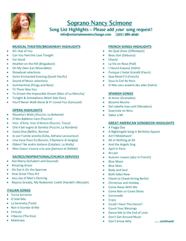 Soprano Nancy Scimone Song List Highlights – Please Add Your Song Request! Info@Entertainmentexchange.Com (301) 986-4640