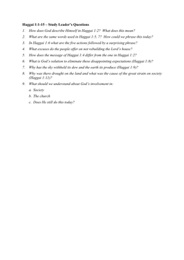 Haggai 1:1-15 – Study Leader’S Questions 1