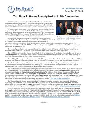 Tau Beta Pi Honor Society Holds 114Th Convention