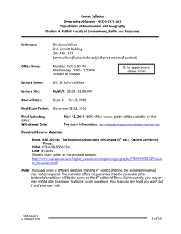 1 of 10 Course Syllabus Geography of Canada