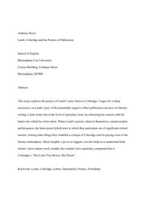 Anthony Howe Lamb, Coleridge and the Poetics of Publication School Of