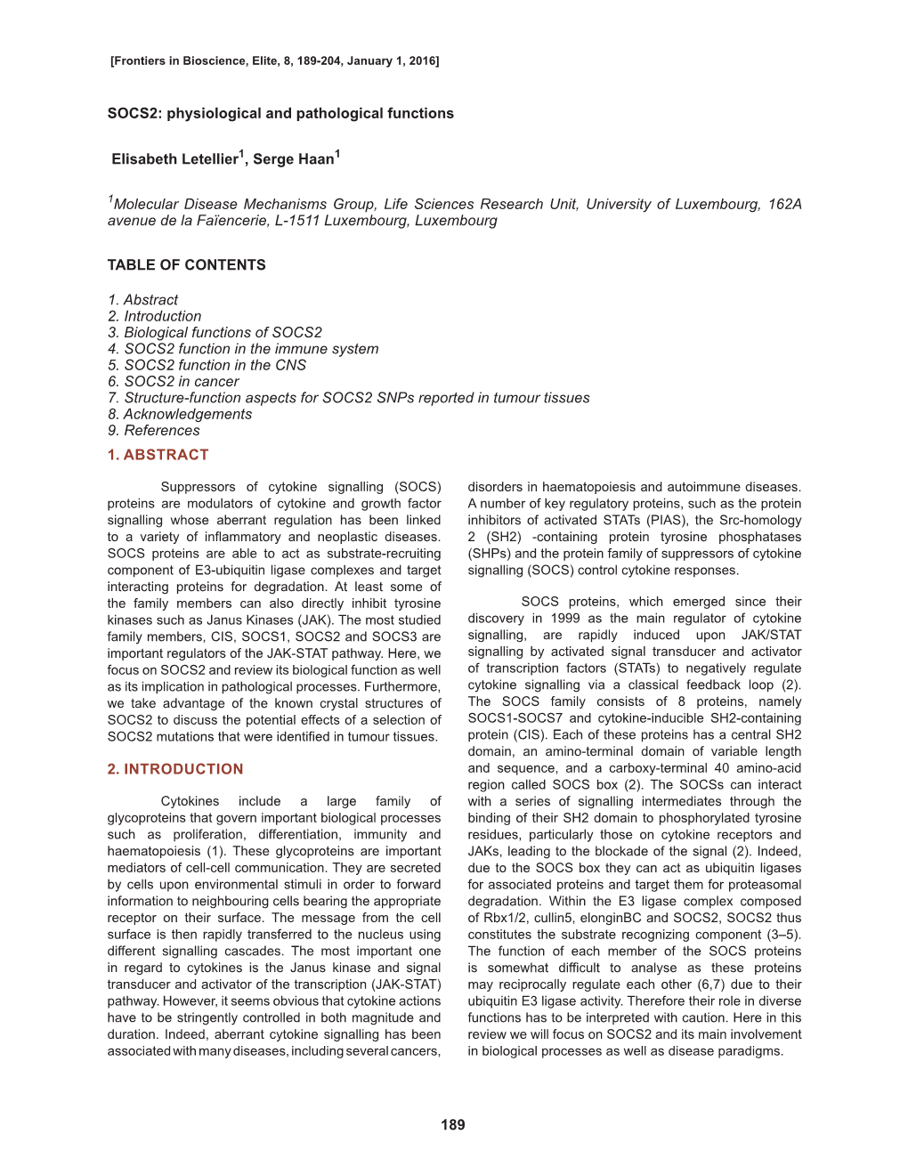 189 1. ABSTRACT 2. INTRODUCTION SOCS2: Physiological And