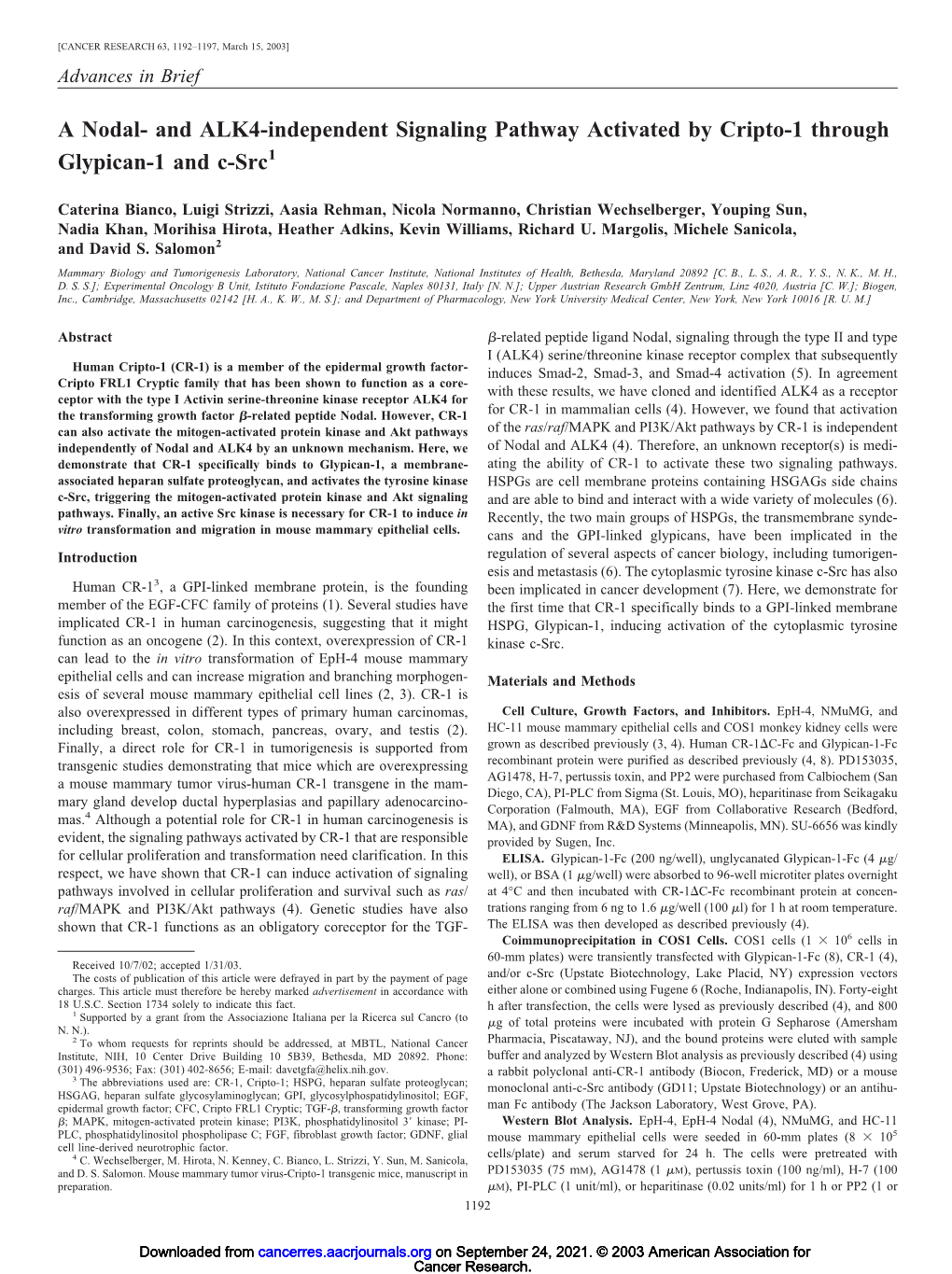 A Nodal- and ALK4-Independent Signaling Pathway Activated by Cripto-1 Through Glypican-1 and C-Src1