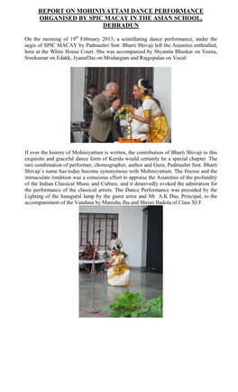 Report on Mohiniyattam Dance Performance Organised by Spic Macay in the Asian School, Dehradun