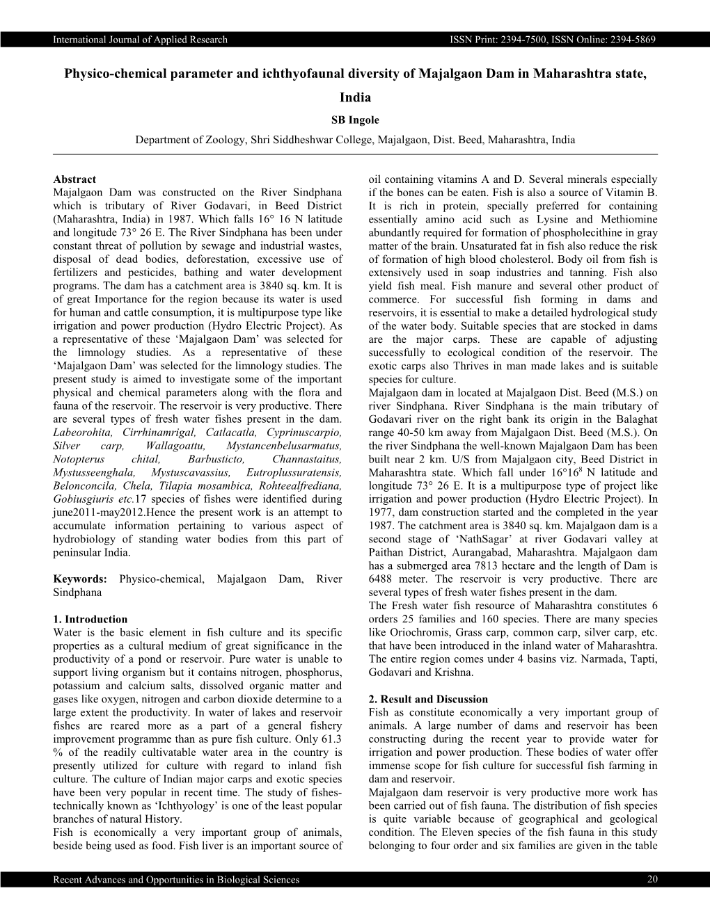 Physico-Chemical Parameter and Ichthyofaunal Diversity of Majalgaon
