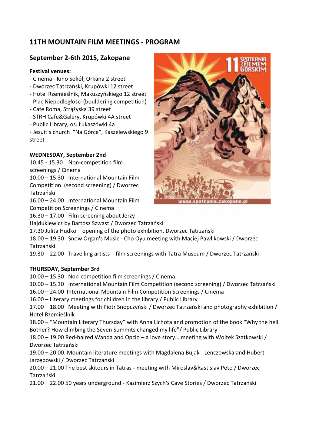 11Th Mountain Film Meetings - Program