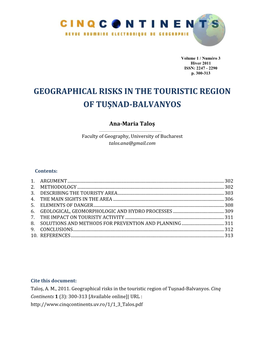 Riscuri Geografice În Arealul Turistic Tușnad-Turia-Balvanyos-Ciomatu