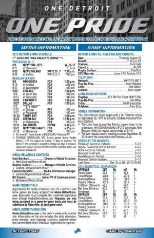 Media Information Game Information 2013 Detroit Lions Schedule DETROIT LIONS VS