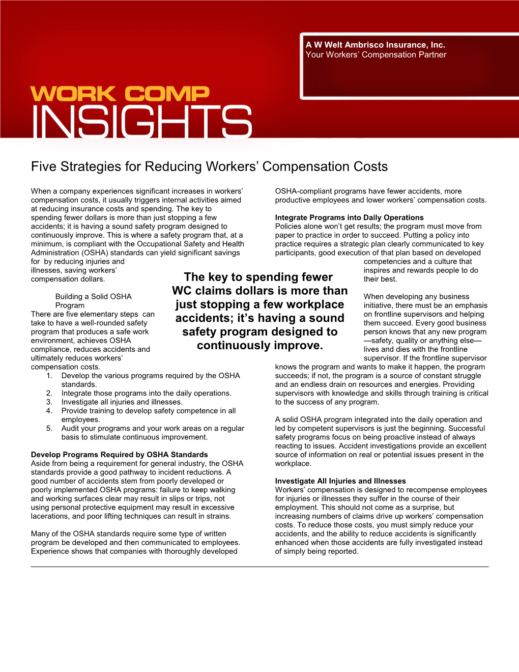 Five Strategies for Reducing Workers Compensation Costs