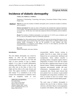 Incidence of Diabetic Dermopathy J Kalsy, S.K