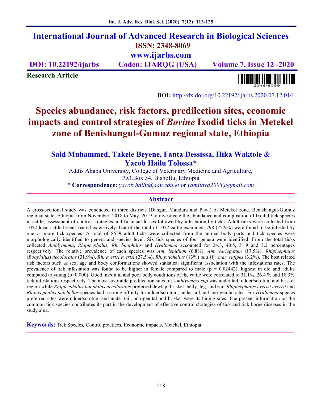 Species Abundance, Risk Factors, Predilection Sites, Economic