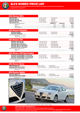 Alfa Romeo Price List
