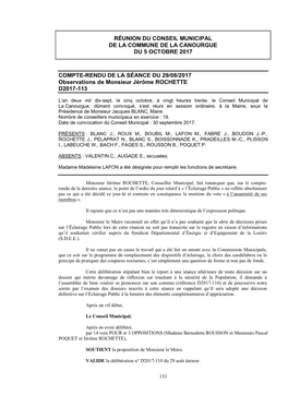 Réunion Du Conseil Municipal De La Commune De La Canourgue Du 5 Octobre 2017