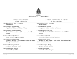 CONSEIL PRIVÉ the CANADIAN MINISTRY (By Order of Precedence)