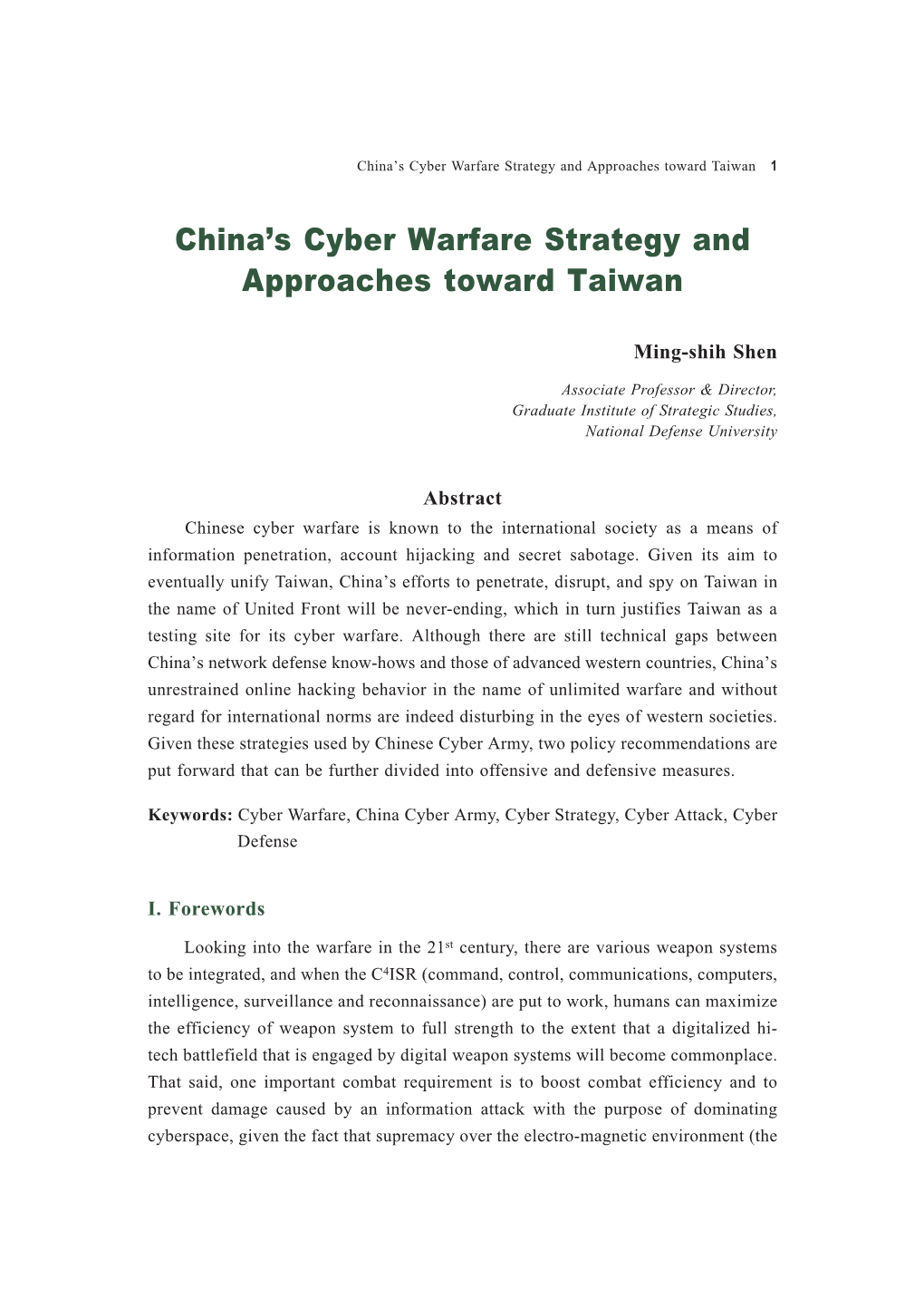 China's Cyber Warfare Strategy and Approaches Toward Taiwan