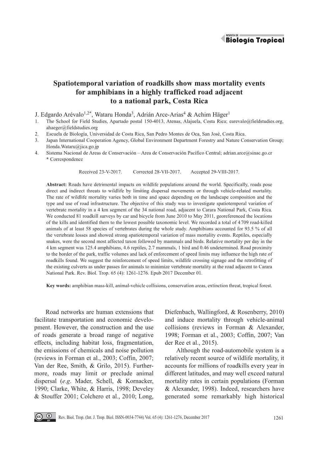 Spatiotemporal Variation of Roadkills Show Mass Mortality Events for Amphibians in a Highly Trafficked Road Adjacent to a National Park, Costa Rica