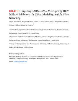 DRAFT: Targeting SARS-Cov-2 M3clpro by HCV Ns3a/4 Inhibitors: in Silico Modeling and in Vitro Screening
