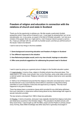 Freedom of Religion and Education in Connection with the Relations of Church and State in Scotland