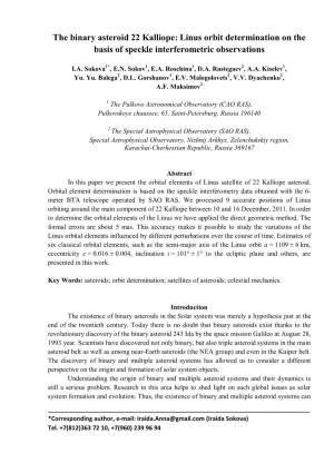 The Binary Asteroid 22 Kalliope: Linus Orbit Determination on the Basis of Speckle Interferometric Observations
