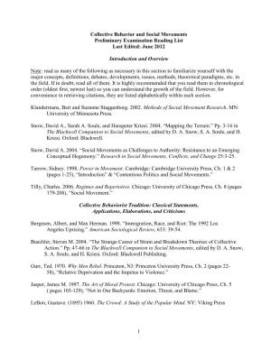 Collective Behavior and Social Movements Preliminary Examination Reading List Last Edited: June 2012