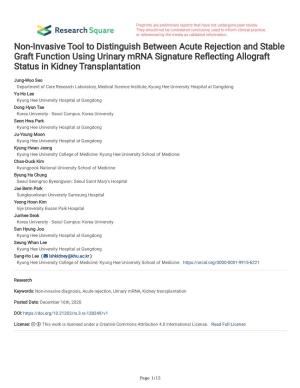 Non-Invasive Tool to Distinguish Between Acute Rejection and Stable Graft Function Using Urinary Mrna Signature Refecting Allograft Status in Kidney Transplantation