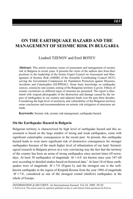 On the Earthquake Hazard and the Management of Seismic Risk in Bulgaria