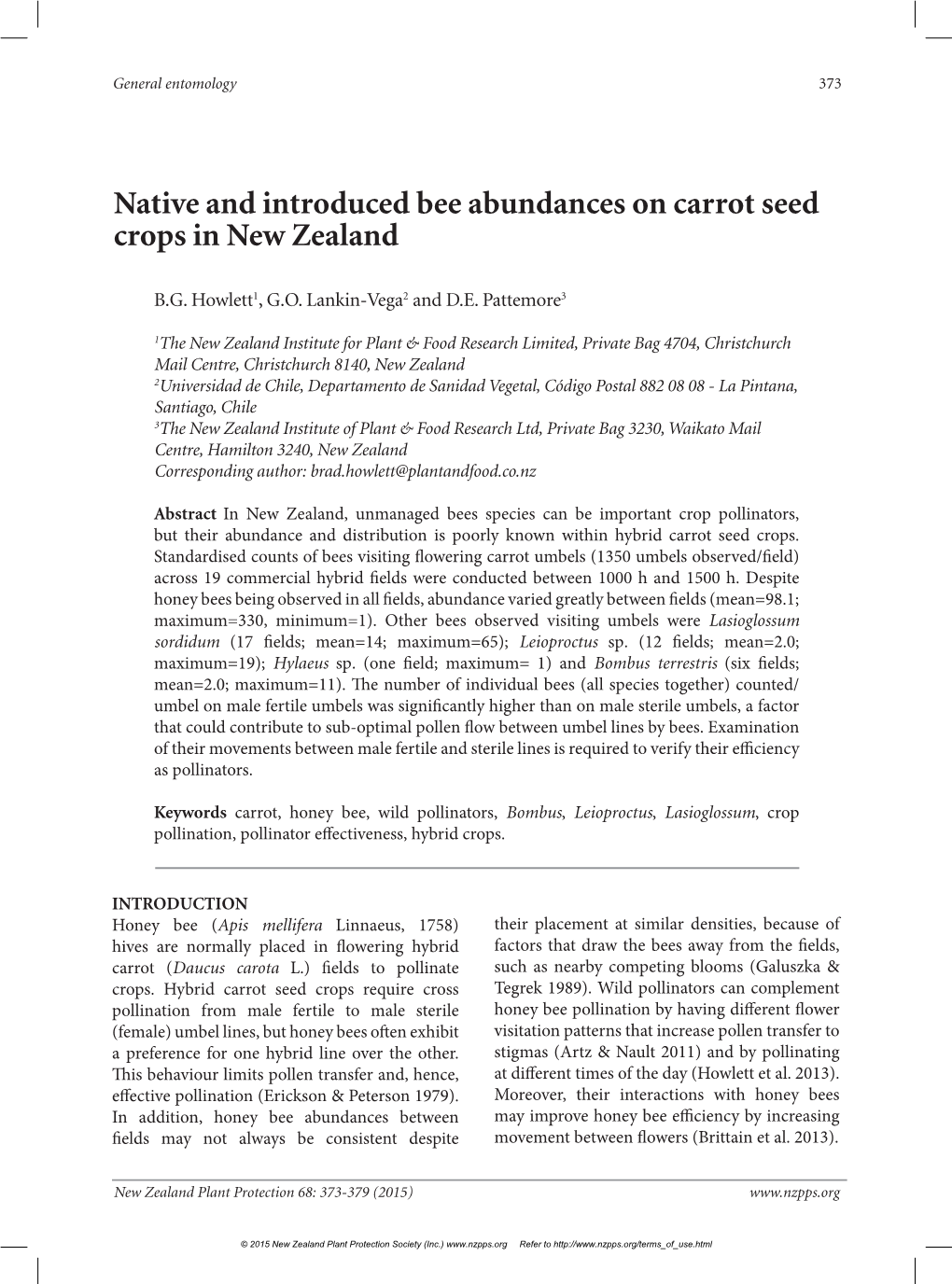 Native and Introduced Bee Abundances on Carrot Seed Crops in New Zealand