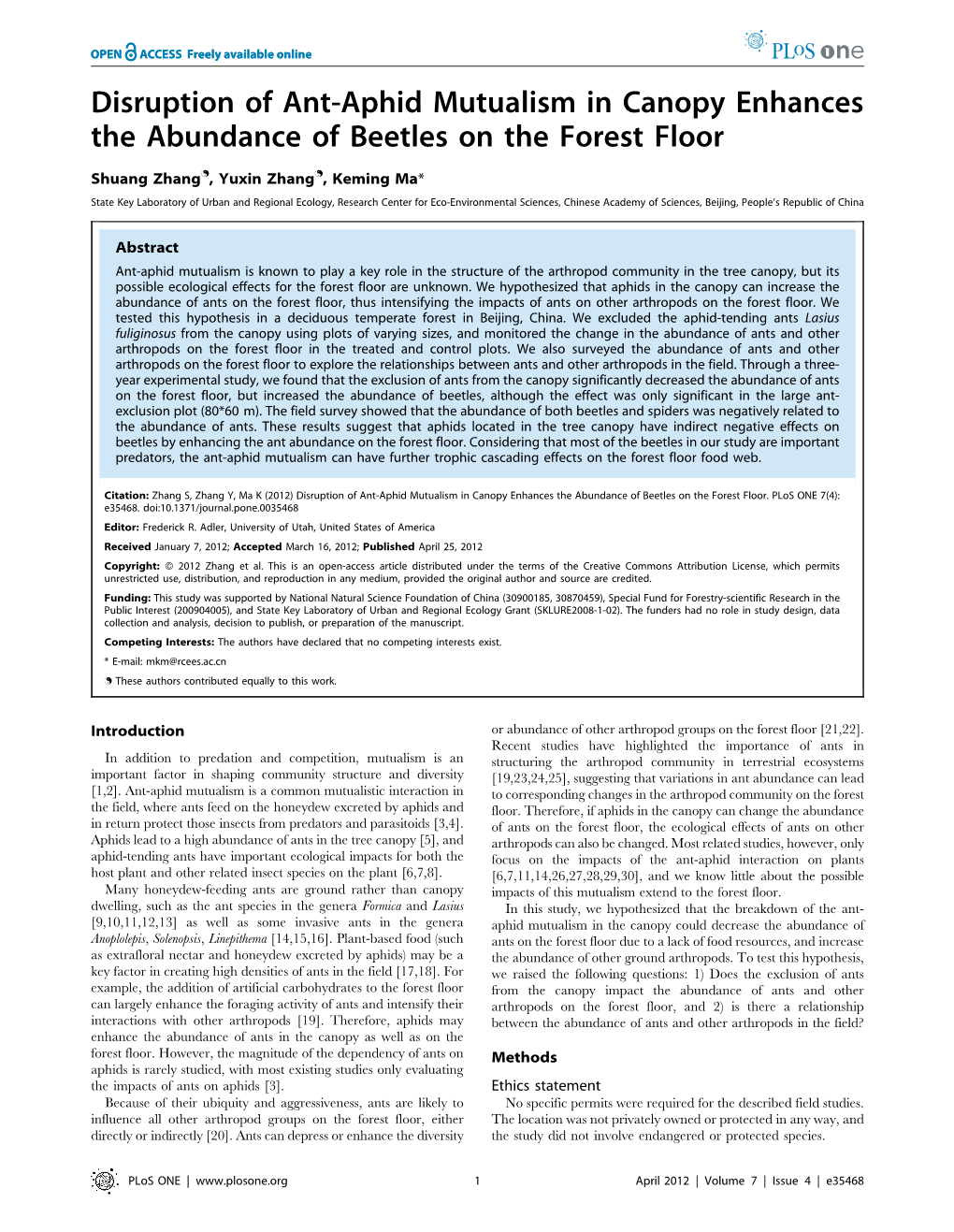 Disruption of Ant-Aphid Mutualism in Canopy Enhances the Abundance of Beetles on the Forest Floor