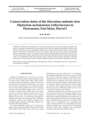 Conservation Status of the Hawaiian Endemic Fern Diplazium Molokaiense (Athyriaceae) in Honomanu, East Maui, Hawai’I