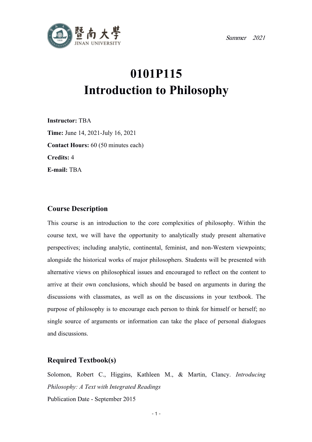 0101P115 Introduction to Philosophy