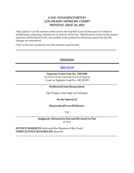 Case Announcements Colorado Supreme Court Monday, June 28, 2021