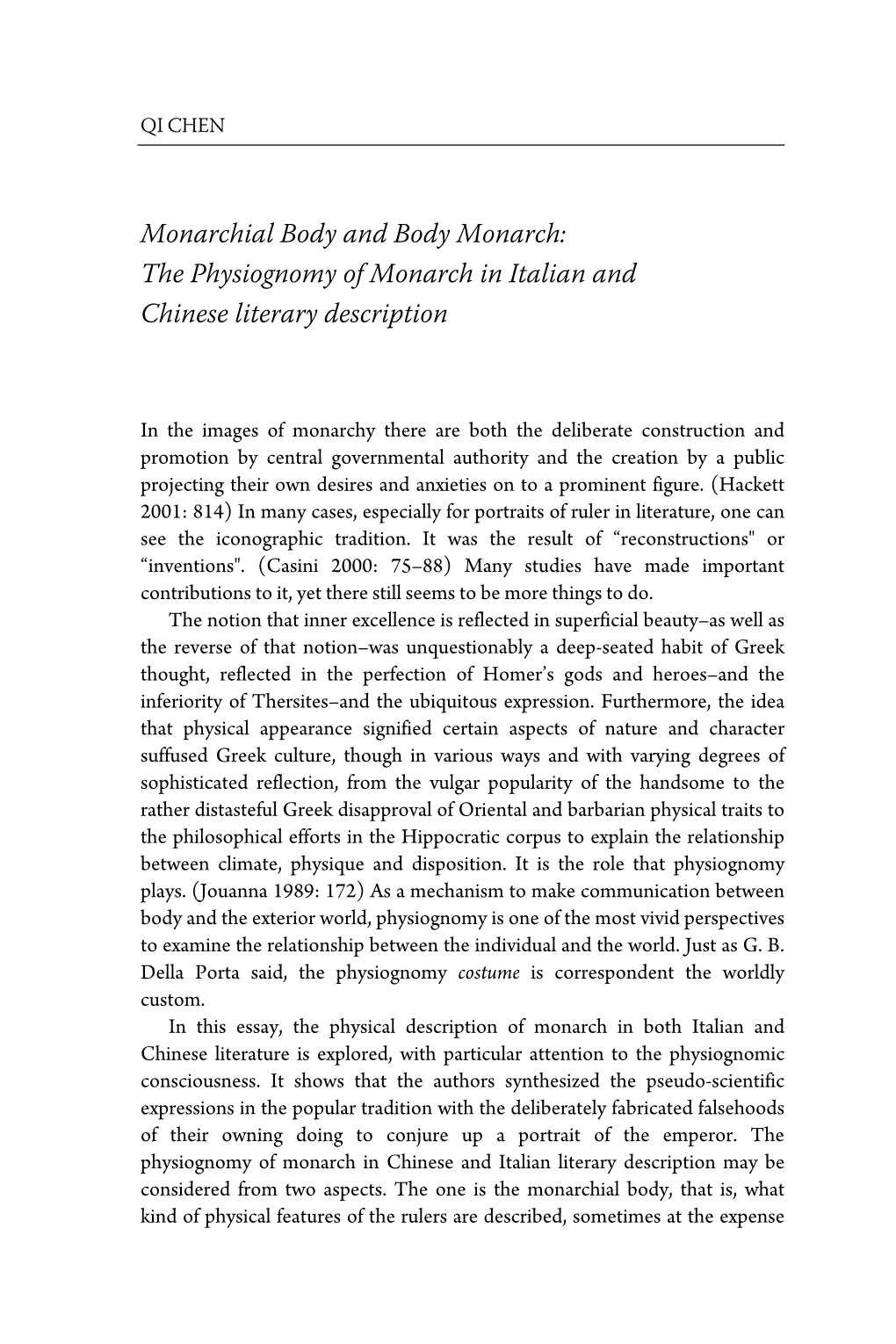 The Physiognomy of Monarch in Italian and Chinese Literary Description