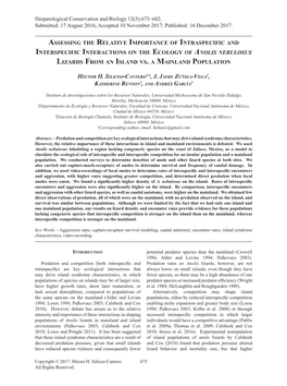 Assessing the Relative Importance of Intraspecific and Interspecific Interactions on the Ecology of Anolis Nebulosus Lizards from an Island Vs