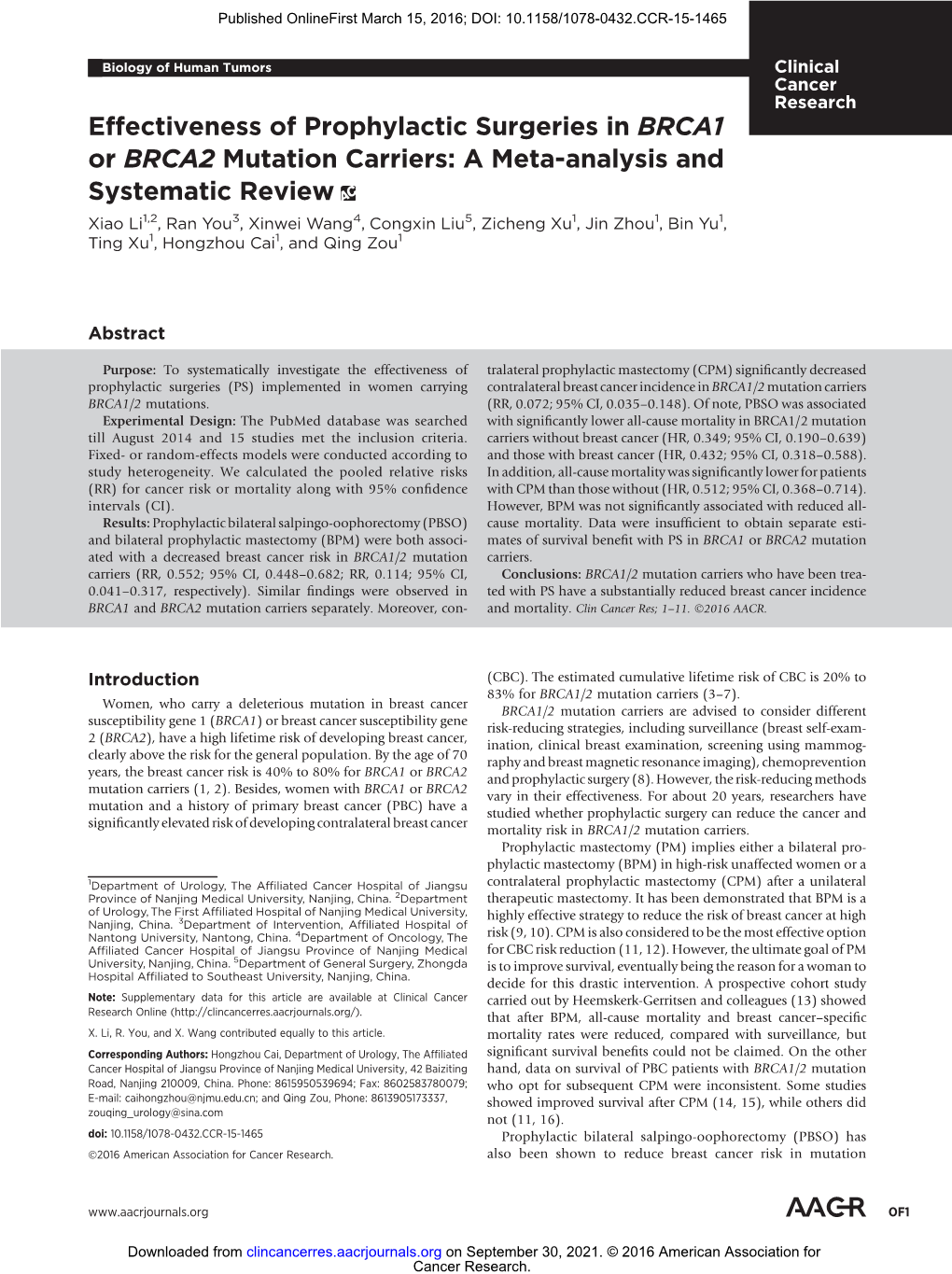 Effectiveness of Prophylactic Surgeries in BRCA1 Or BRCA2