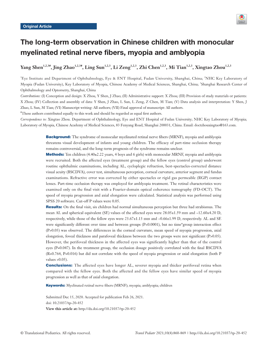 The Long-Term Observation in Chinese Children with Monocular Myelinated Retinal Nerve Fibers, Myopia and Amblyopia