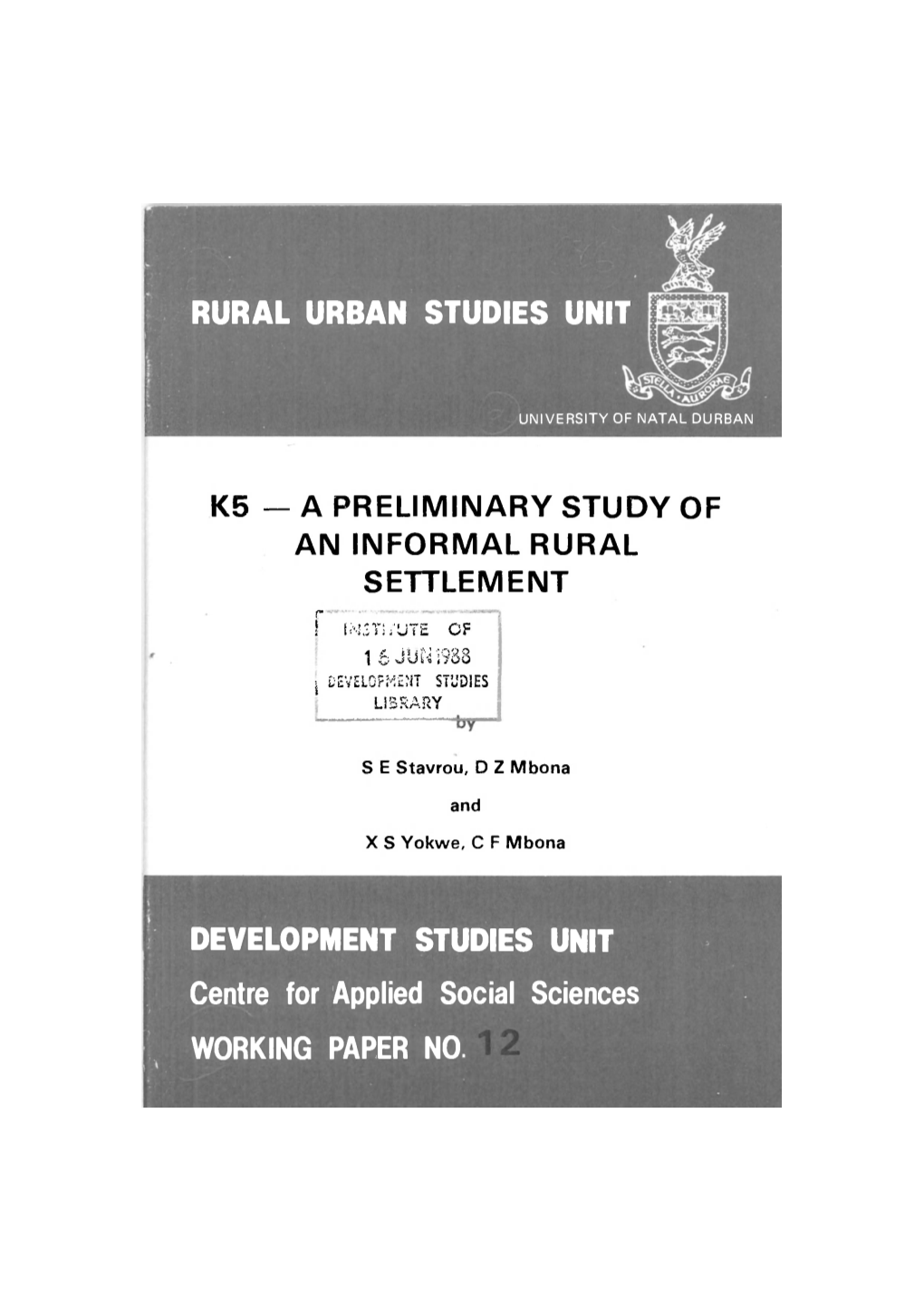Rural Urban Studies Unit Development Studies Unit