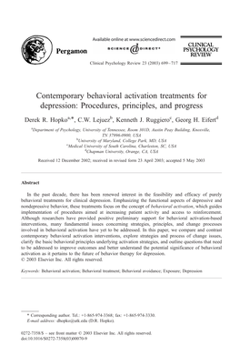 Contemporary Behavioral Activation Treatments for Depression: Procedures, Principles, and Progress