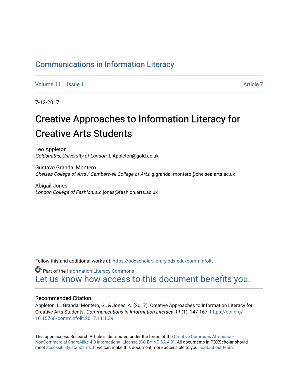 Creative Approaches to Information Literacy for Creative Arts Students